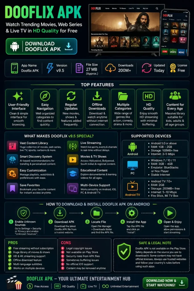 Dooflix APK infographic showing features, installation steps, supported devices, and streaming benefits