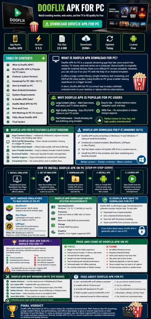 Infographic showing Dooflix APK for PC download guide with features, installation steps, Android emulators, system requirements, pros and cons, FAQs, and HD streaming benefits for Windows 10 and 11 users.