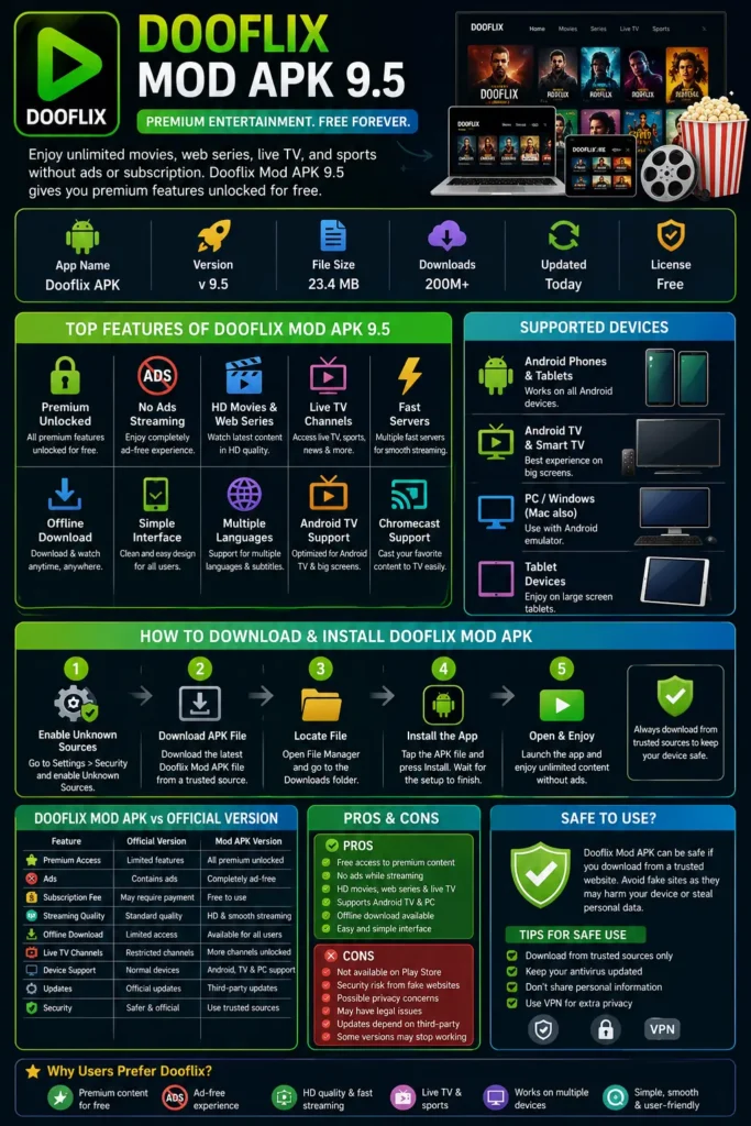 Dooflix Mod APK 9.5 infographic showing features, download guide, Android TV support, and premium streaming