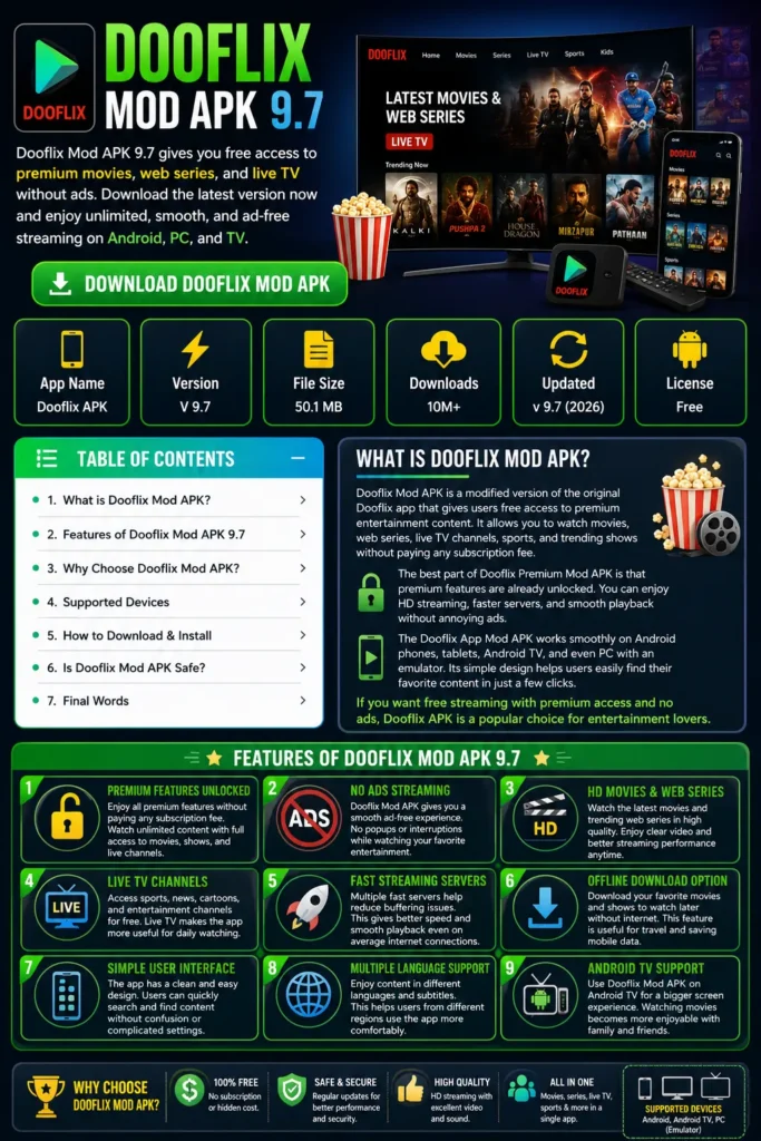 Dooflix Mod APK 9.5 infographic showing features, download guide, Android TV support, and premium streaming