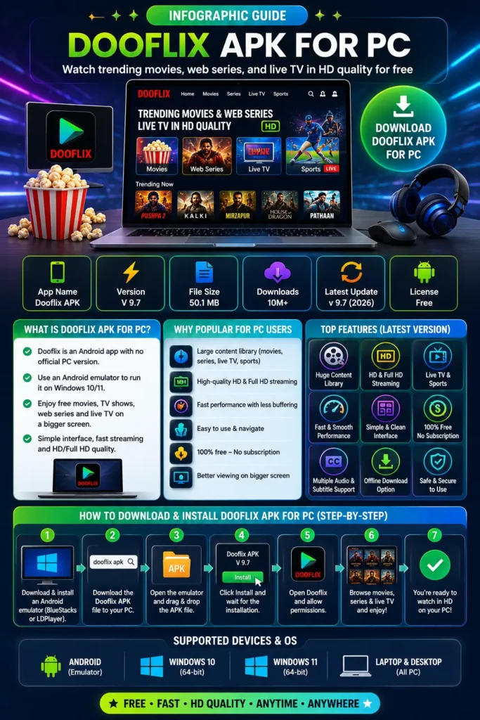 Infographic showing Dooflix APK for PC download guide with features, installation steps, Android emulators, system requirements, pros and cons, FAQs, and HD streaming benefits for Windows 10 and 11 users.