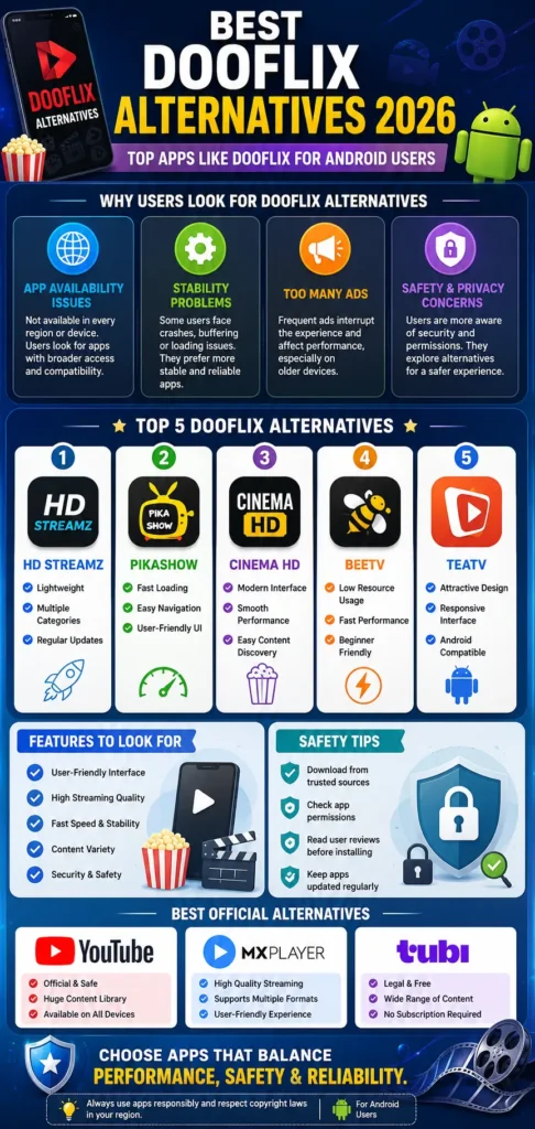 Infographic showing the best Dooflix alternatives in 2026 including HD Streamz, Pikashow, Cinema HD, BeeTV, and TeaTV with features and safety tips.