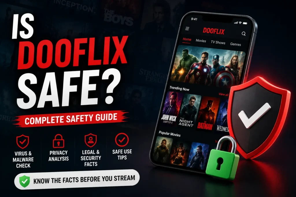 Is Dooflix safe Security guide showing Dooflix app with shield, lock, and safety icons.