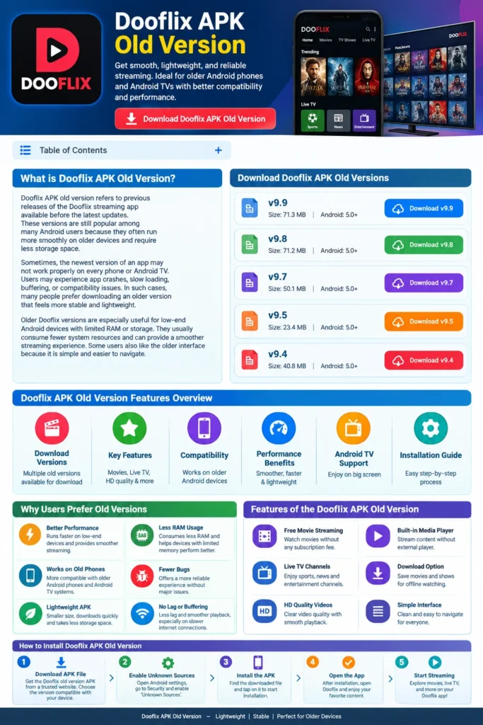 Dooflix APK Old Version infographic showing available versions v9.9 to v9.4, key streaming features, benefits for older Android devices, Android TV compatibility, and a five-step APK installation guide.